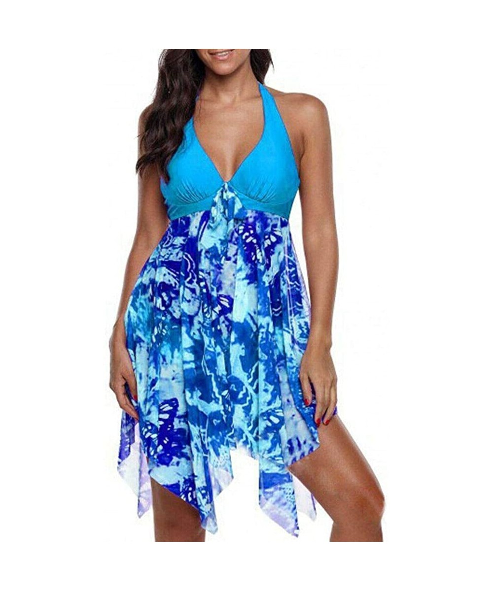 2Pcs Women V-Neck Printing Swimwear Skirted Lady Swimsuit Dress Plus Size - Sky Blue - CL18SS3H0N7 $10.99-One-Pieces