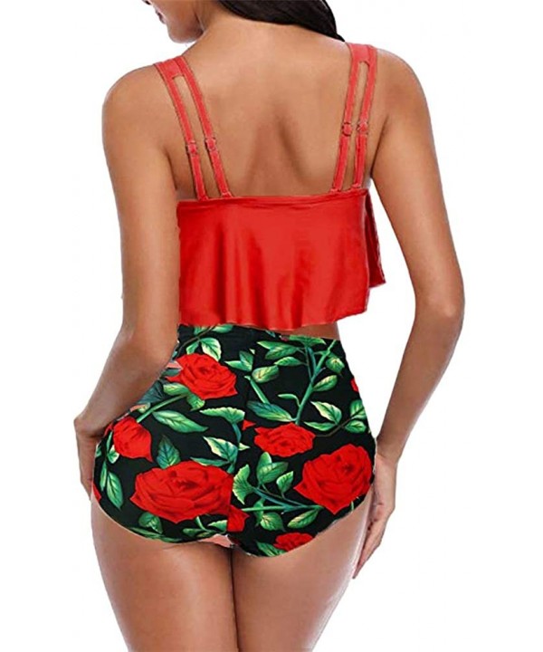 Women Plus Size Two Piece Sexy Backless Halter Floral Swimwear Set Beachwear - G-red - CH18Q4M0Z85 $15.33-Tankinis