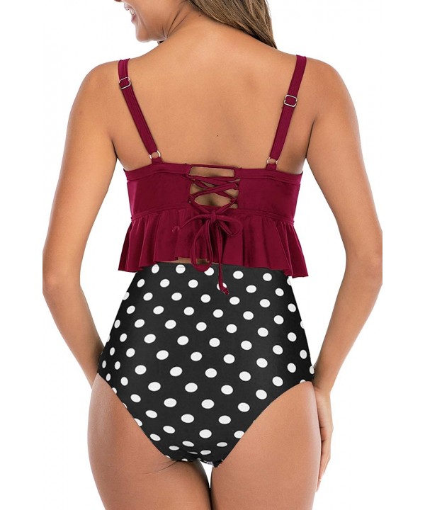 Womens High Waisted Bikini Flounce Ruffled Swimwear Modest Halter Two Piece Bathing Suits Plus Size Swimsuits Burgundy - C419...