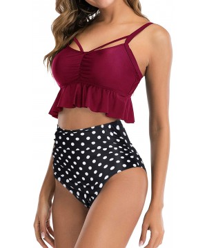 Womens High Waisted Bikini Flounce Ruffled Swimwear Modest Halter Two Piece Bathing Suits Plus Size Swimsuits Burgundy - C419...