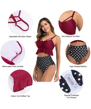 Womens High Waisted Bikini Flounce Ruffled Swimwear Modest Halter Two Piece Bathing Suits Plus Size Swimsuits Burgundy - C419...