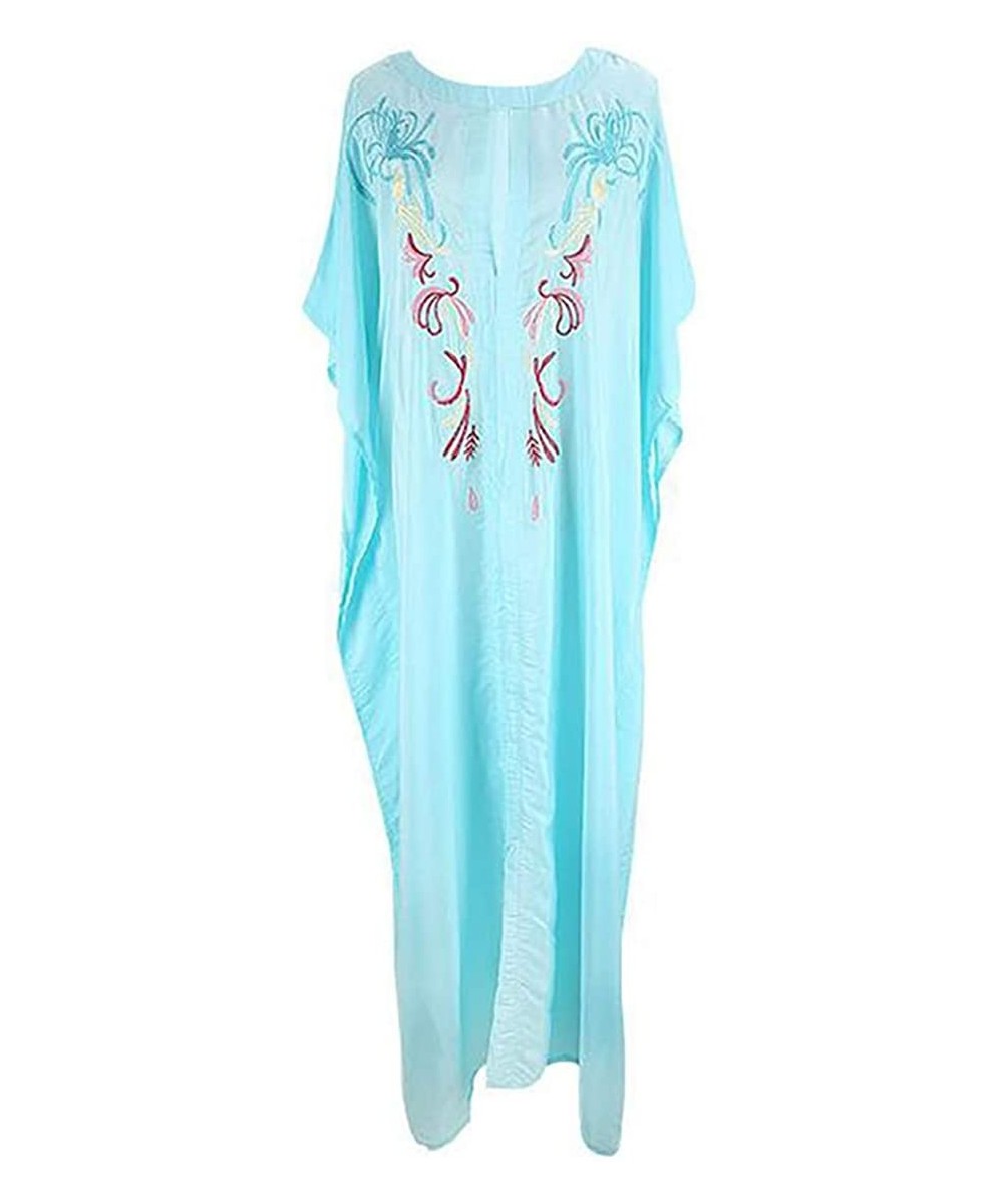 Women's Bohemian Embroidered Dress Long Caftan Ethnic Print Kaftan Loungewear Swimsuit Beach Cover up Swimwear Blue B - CX18T...