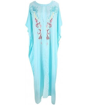 Women's Bohemian Embroidered Dress Long Caftan Ethnic Print Kaftan Loungewear Swimsuit Beach Cover up Swimwear Blue B - CX18T...