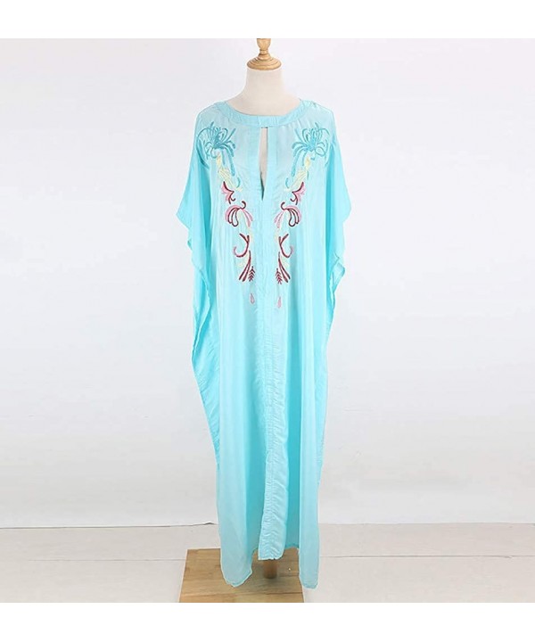 Women's Bohemian Embroidered Dress Long Caftan Ethnic Print Kaftan Loungewear Swimsuit Beach Cover up Swimwear Blue B - CX18T...