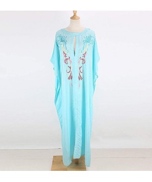 Women's Bohemian Embroidered Dress Long Caftan Ethnic Print Kaftan Loungewear Swimsuit Beach Cover up Swimwear Blue B - CX18T...