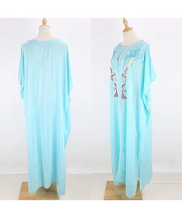 Women's Bohemian Embroidered Dress Long Caftan Ethnic Print Kaftan Loungewear Swimsuit Beach Cover up Swimwear Blue B - CX18T...