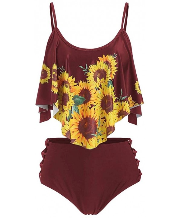 Octopus Print Tankini Swimsuits for Women Tummy Control Swimming Bathing Suit Bikini Set Swimwear Wine Sunflower - C61903MNCU...