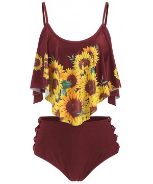 Octopus Print Tankini Swimsuits for Women Tummy Control Swimming Bathing Suit Bikini Set Swimwear Wine Sunflower - C61903MNCU...