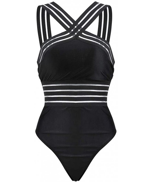 Womens Sexy Monokini Vintage Retro Tummy Control Bathing Suit Elastic High Cut Low One Piece Swimsuits Swimwear - X-8 Black -...