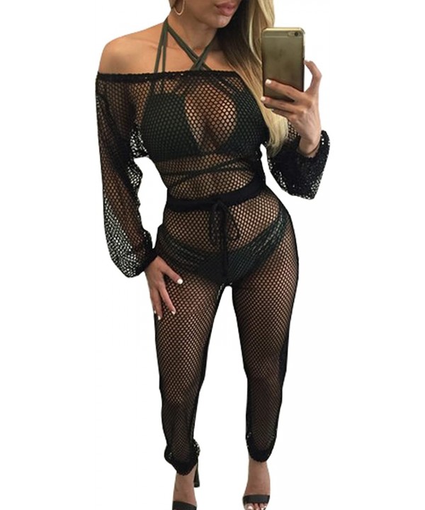 Women Long Sleeve Mesh Off Shoulder Swimsuit Beach Cover Up Long Jumpsuit Rompers - Black - CX182LAW64G $12.20-Cover-Ups