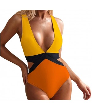 Women One Pice Slimming Swimsuit Deep V Side Cut Out Monokini Color Block Bathing Suit - Yellow - C4196DDQYOA $14.53-Tankinis