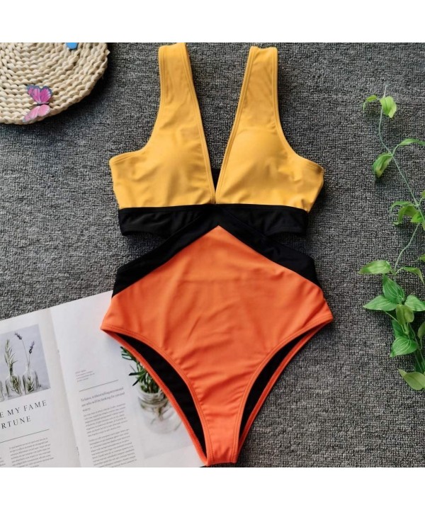 Women One Pice Slimming Swimsuit Deep V Side Cut Out Monokini Color Block Bathing Suit - Yellow - C4196DDQYOA $14.53-Tankinis