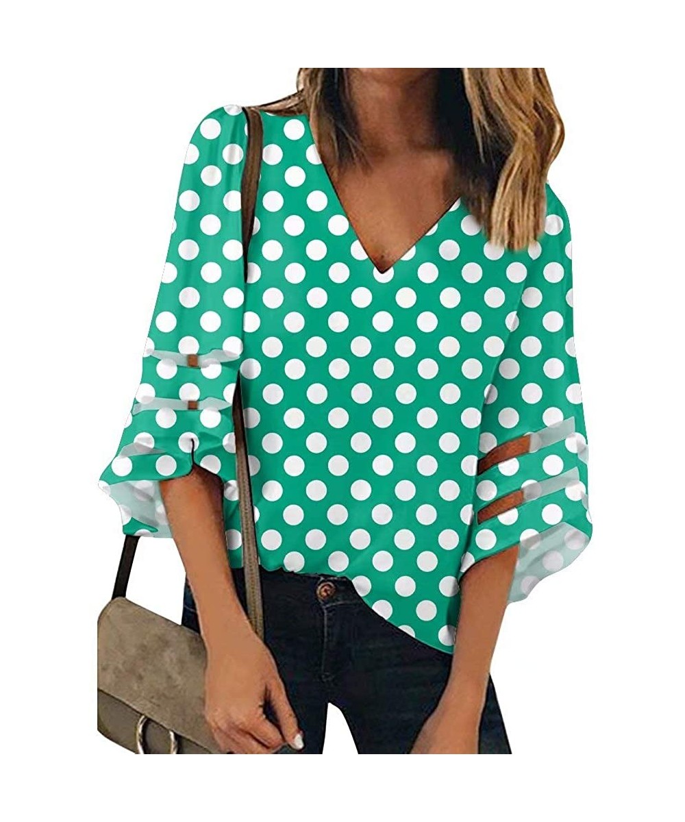 Women's V Neck Mesh Panel Patchwork 3/4 Bell Sleeve Loose Blouse Top Shirt - Green Polka Dot - CG192NSEQI4 $25.72-Cover-Ups