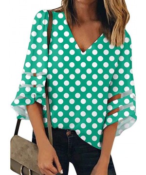 Women's V Neck Mesh Panel Patchwork 3/4 Bell Sleeve Loose Blouse Top Shirt - Green Polka Dot - CG192NSEQI4 $25.72-Cover-Ups