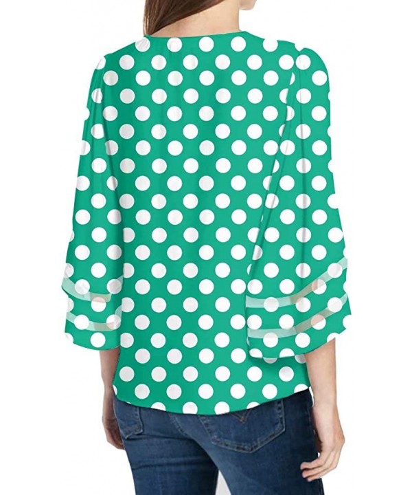 Women's V Neck Mesh Panel Patchwork 3/4 Bell Sleeve Loose Blouse Top Shirt - Green Polka Dot - CG192NSEQI4 $25.72-Cover-Ups