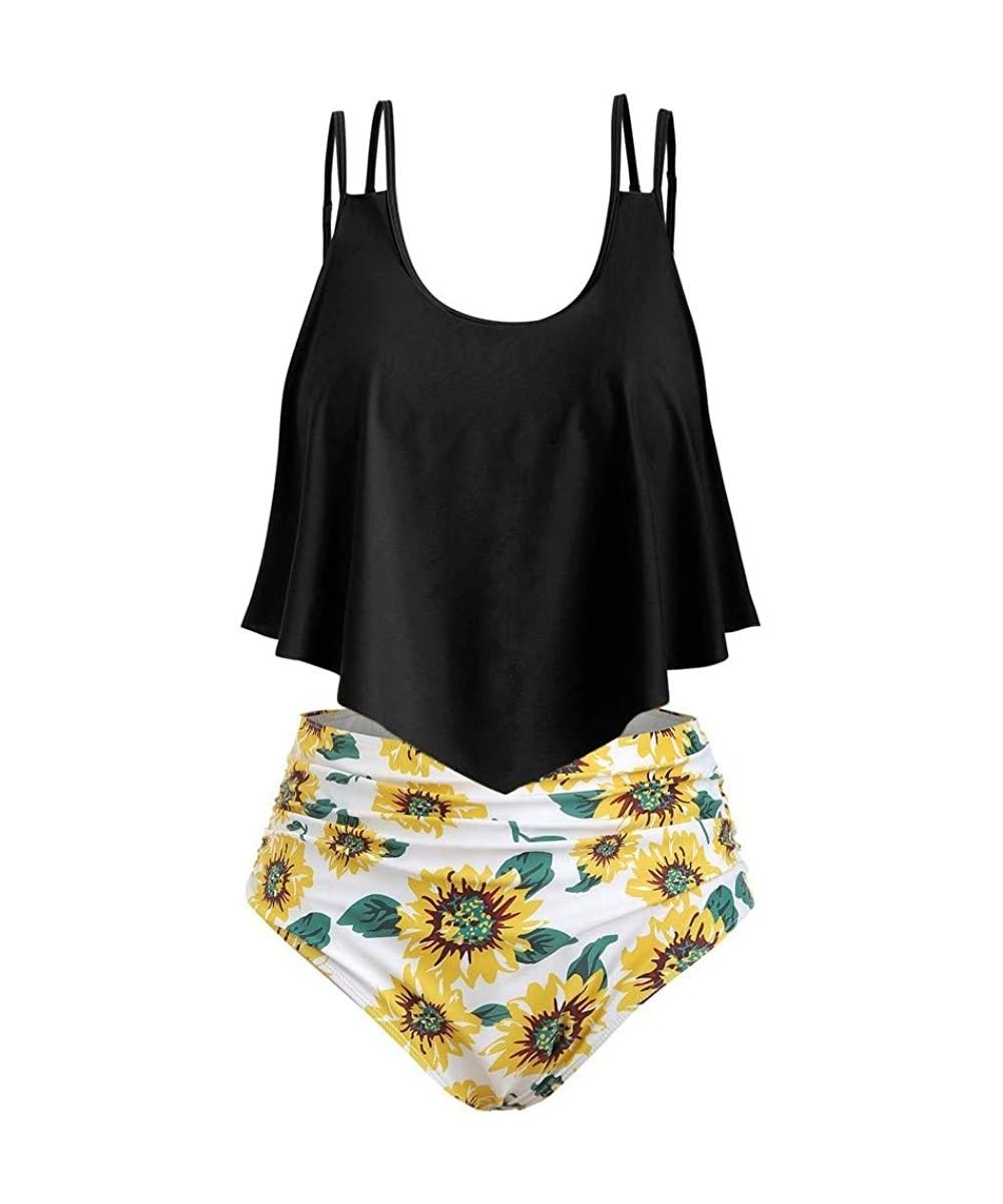 Women's Sunflower Swimsuits Vintage Ruffled Tankini Set Two Piece Bathing Suits Flounce Top High Waisted Bottom Suits - Black...