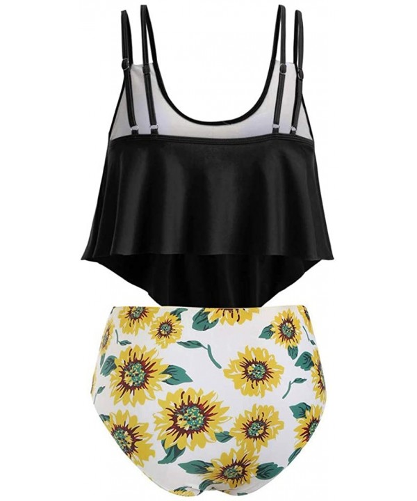 Women's Sunflower Swimsuits Vintage Ruffled Tankini Set Two Piece Bathing Suits Flounce Top High Waisted Bottom Suits - Black...