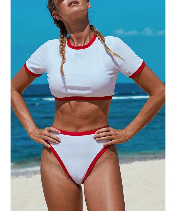 Womens Two Pieces Bikini Swimsuits Short Sleeve Rash Guard High Waist Bathing Suit - Red - CH193Y05NLL $26.86-Sets