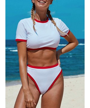 Womens Two Pieces Bikini Swimsuits Short Sleeve Rash Guard High Waist Bathing Suit - Red - CH193Y05NLL $26.86-Sets