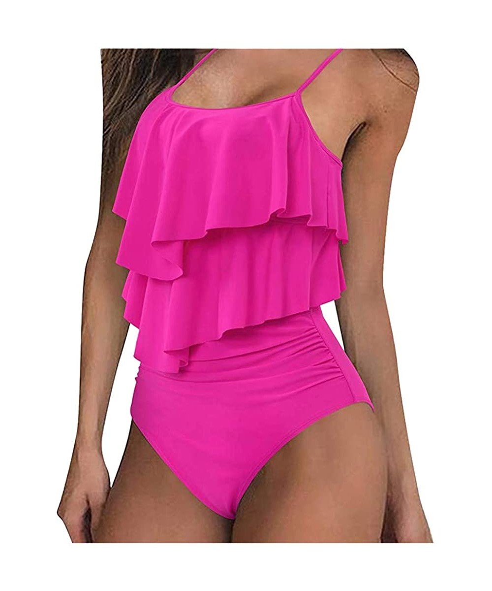 Two Piece Swimsuits for Women Bathing Suits Ruffled Flounce Top with High Waisted Bottom Bikini Set Tankini Hot Pink - CO196D...