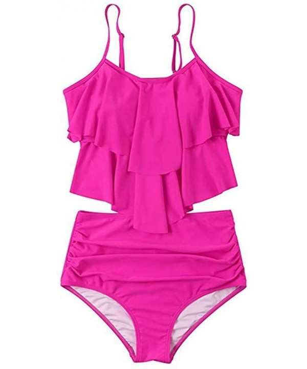 Two Piece Swimsuits for Women Bathing Suits Ruffled Flounce Top with High Waisted Bottom Bikini Set Tankini Hot Pink - CO196D...