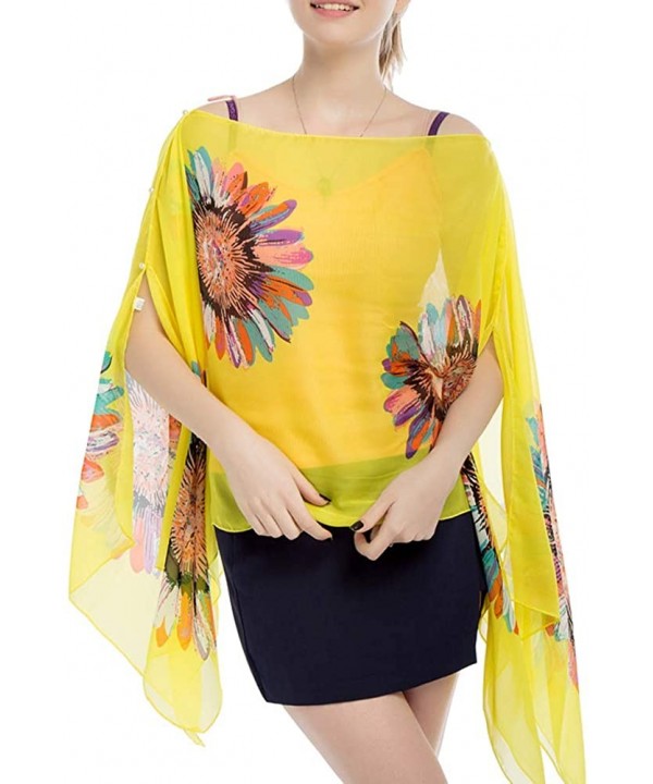 Women's Chiffon Scarve Shawls Wraps Floral Poncho Bikini Cover up Tops - Sunflower Yellow - CV18SRSEA49 $15.59-Cover-Ups