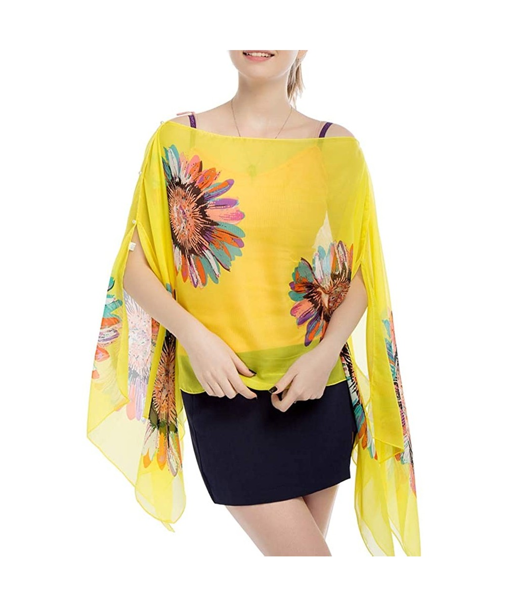 Women's Chiffon Scarve Shawls Wraps Floral Poncho Bikini Cover up Tops - Sunflower Yellow - CV18SRSEA49 $15.59-Cover-Ups