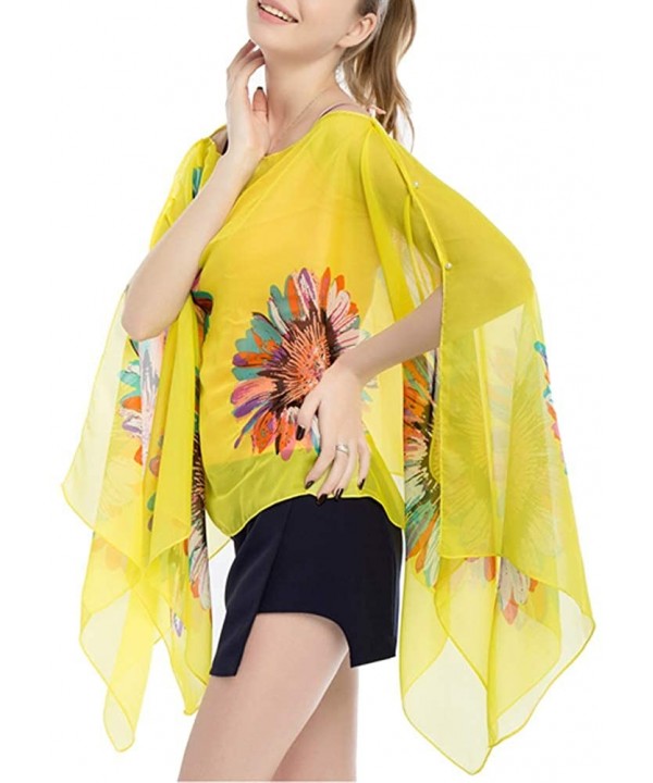 Women's Chiffon Scarve Shawls Wraps Floral Poncho Bikini Cover up Tops - Sunflower Yellow - CV18SRSEA49 $15.59-Cover-Ups