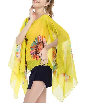 Women's Chiffon Scarve Shawls Wraps Floral Poncho Bikini Cover up Tops - Sunflower Yellow - CV18SRSEA49 $15.59-Cover-Ups