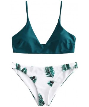 Women's Mid Waisted Wrap Top Floral Bottom Bathing Suit Bikini Set Bikini Set V Neck Lace Up Two Piece Swimsuits Green - CO19...