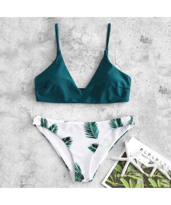 Women's Mid Waisted Wrap Top Floral Bottom Bathing Suit Bikini Set Bikini Set V Neck Lace Up Two Piece Swimsuits Green - CO19...