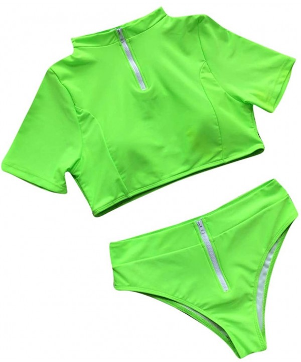 Women Sport Zipper Short Sleeve Crop Tops Bikini High Waist 2pcs Swimsuit - Green - CY18MDIH00S $17.06-Sets