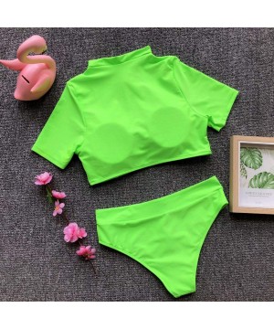 Women Sport Zipper Short Sleeve Crop Tops Bikini High Waist 2pcs Swimsuit - Green - CY18MDIH00S $17.06-Sets