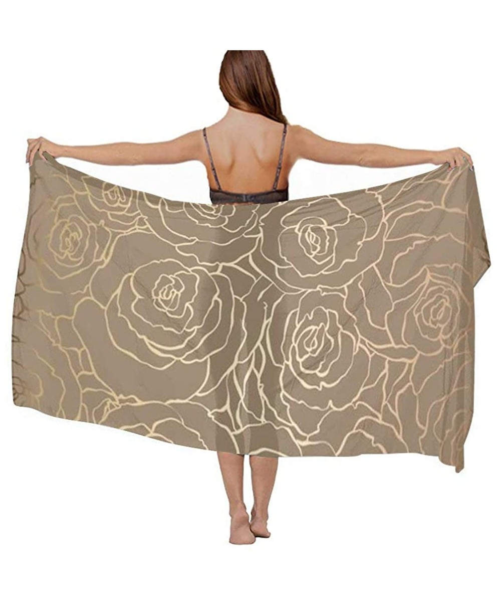 Women Chiffon Scarf Shawl Wrap Sunscreen Beach Swimsuit Bikini Cover Up - Gold Rose Flower - CQ190HI3MAX $26.55-Cover-Ups