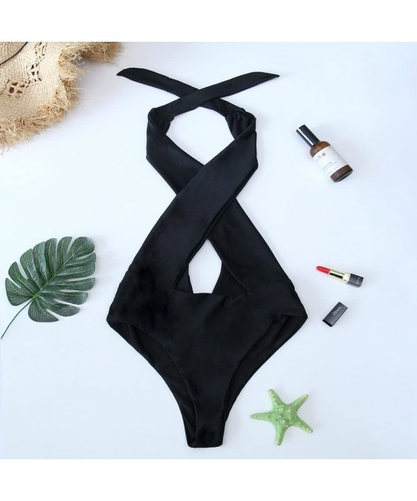 One Piece V-Neckline Swimsuit Women Criss Cross Swimwear Solid Backless Beach Halter Lady Bathing Suit - Black - CT18449SZAZ ...