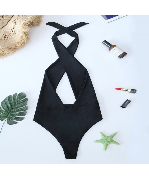 One Piece V-Neckline Swimsuit Women Criss Cross Swimwear Solid Backless Beach Halter Lady Bathing Suit - Black - CT18449SZAZ ...