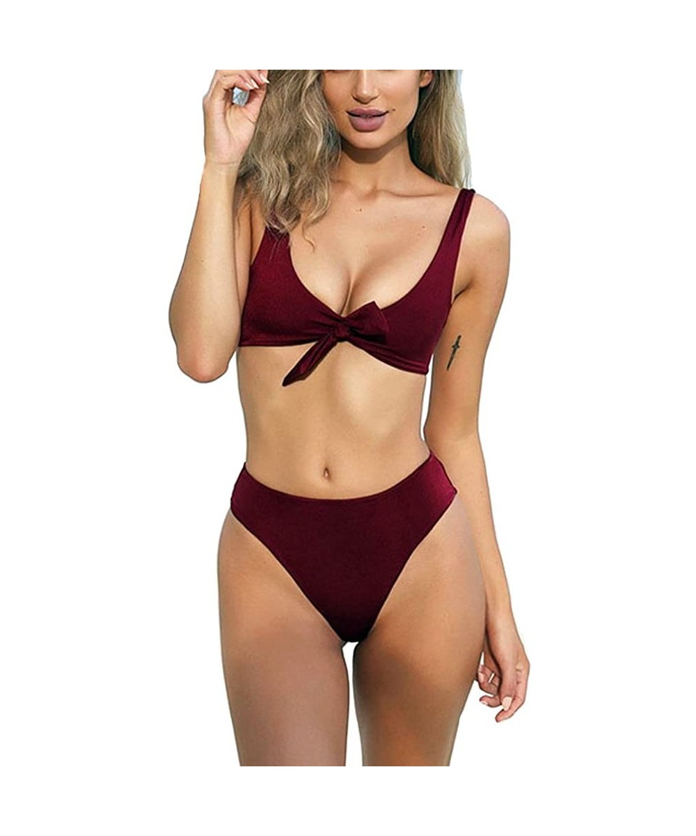 Womens Sexy Bikini Set Detachable Padded Tie Knot Front High Waist Thong Two Piece Swimsuits Bathing Suits Wine Red - C218Q0W...