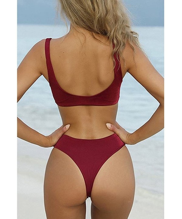 Womens Sexy Bikini Set Detachable Padded Tie Knot Front High Waist Thong Two Piece Swimsuits Bathing Suits Wine Red - C218Q0W...