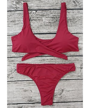 Womens Sexy Bikini Set Detachable Padded Tie Knot Front High Waist Thong Two Piece Swimsuits Bathing Suits Wine Red - C218Q0W...