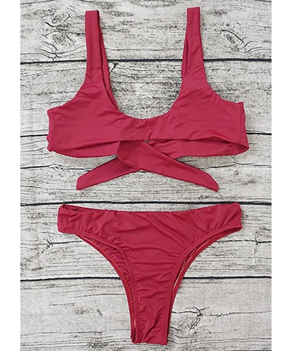 Womens Sexy Bikini Set Detachable Padded Tie Knot Front High Waist Thong Two Piece Swimsuits Bathing Suits Wine Red - C218Q0W...