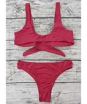 Womens Sexy Bikini Set Detachable Padded Tie Knot Front High Waist Thong Two Piece Swimsuits Bathing Suits Wine Red - C218Q0W...