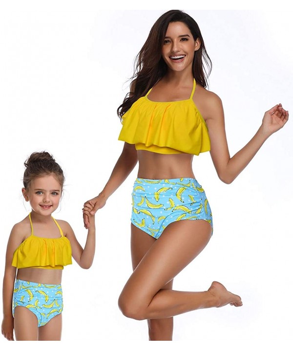 Mommy and Me Matching Family Swimsuit Ruffle Women Swimwear Kids Children Toddler Bikini Bathing Suit Beachwear Sets - Yellow...