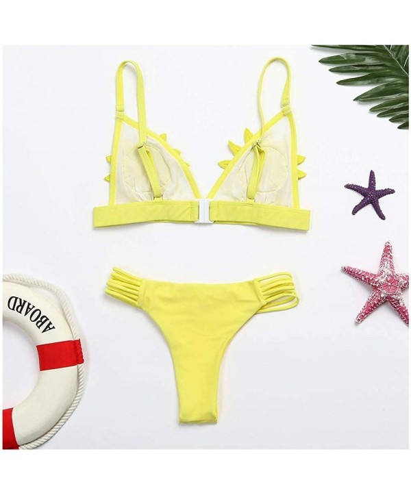 Women Flower Push-up Padded Bra Floral Bikini Set See Through Swimsuit Swimwear Low Waist Bathing Suit - Yellow - CG18OQ9K8XR...