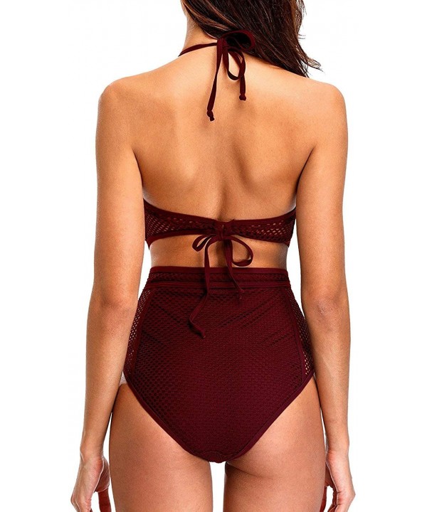 Sociala Women's Mesh High Neck One Piece Swimsuit Ruched Tummy Control Swimwear - Wine Red(no Bra)1 - C718R2HODS5 $28.85-Racing