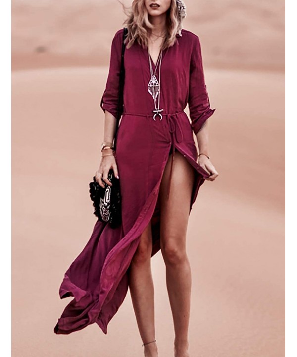 Robe Kaftan Bikini Swimwear Cover Up Casual Long Beach Maxi Dress for Women - Wine Red - CR198G2NAU2 $30.62-Cover-Ups