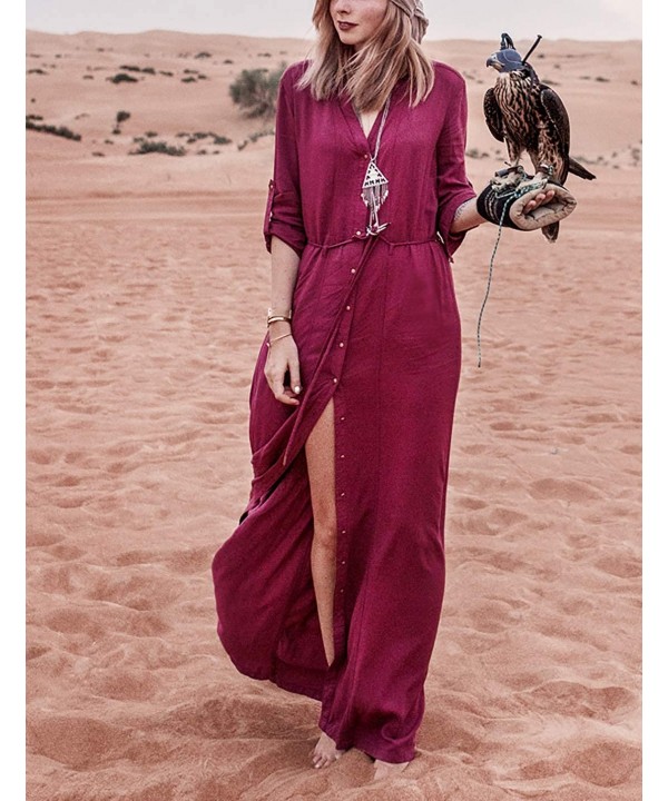 Robe Kaftan Bikini Swimwear Cover Up Casual Long Beach Maxi Dress for Women - Wine Red - CR198G2NAU2 $30.62-Cover-Ups