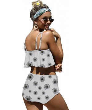 Womens Colorful Sunflowers Botany Print Flounce Bikini Push up High Waisted Swimsuits - White-3 - C0196LAUYNW $36.87-Sets