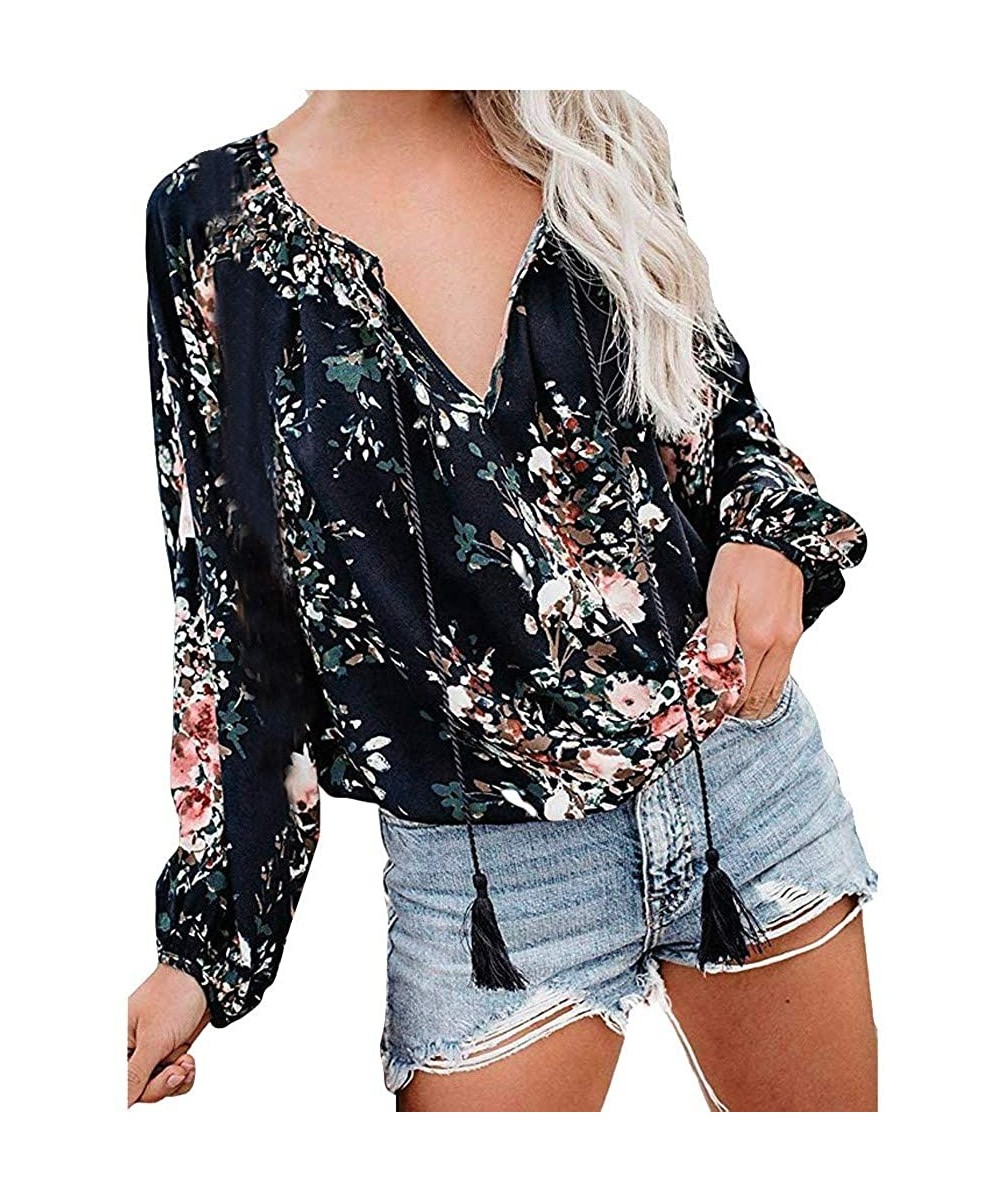 Floral Blouses for Womens Leaves Feather Flared Long Sleeve V Neck Bandage Drawstring Tunic Tops Casual Tshirt 5 Navy - CU18W...