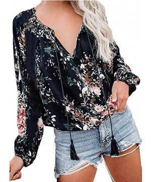 Floral Blouses for Womens Leaves Feather Flared Long Sleeve V Neck Bandage Drawstring Tunic Tops Casual Tshirt 5 Navy - CU18W...