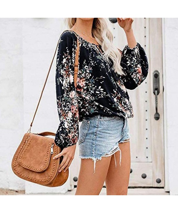 Floral Blouses for Womens Leaves Feather Flared Long Sleeve V Neck Bandage Drawstring Tunic Tops Casual Tshirt 5 Navy - CU18W...